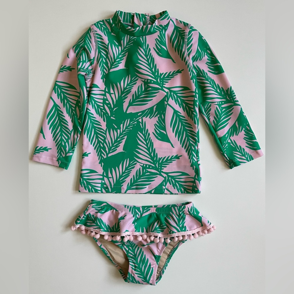 Shade Critters Girl’s Two-Piece Palm Rash Guard Swim Set - Green & Pink - 3T
